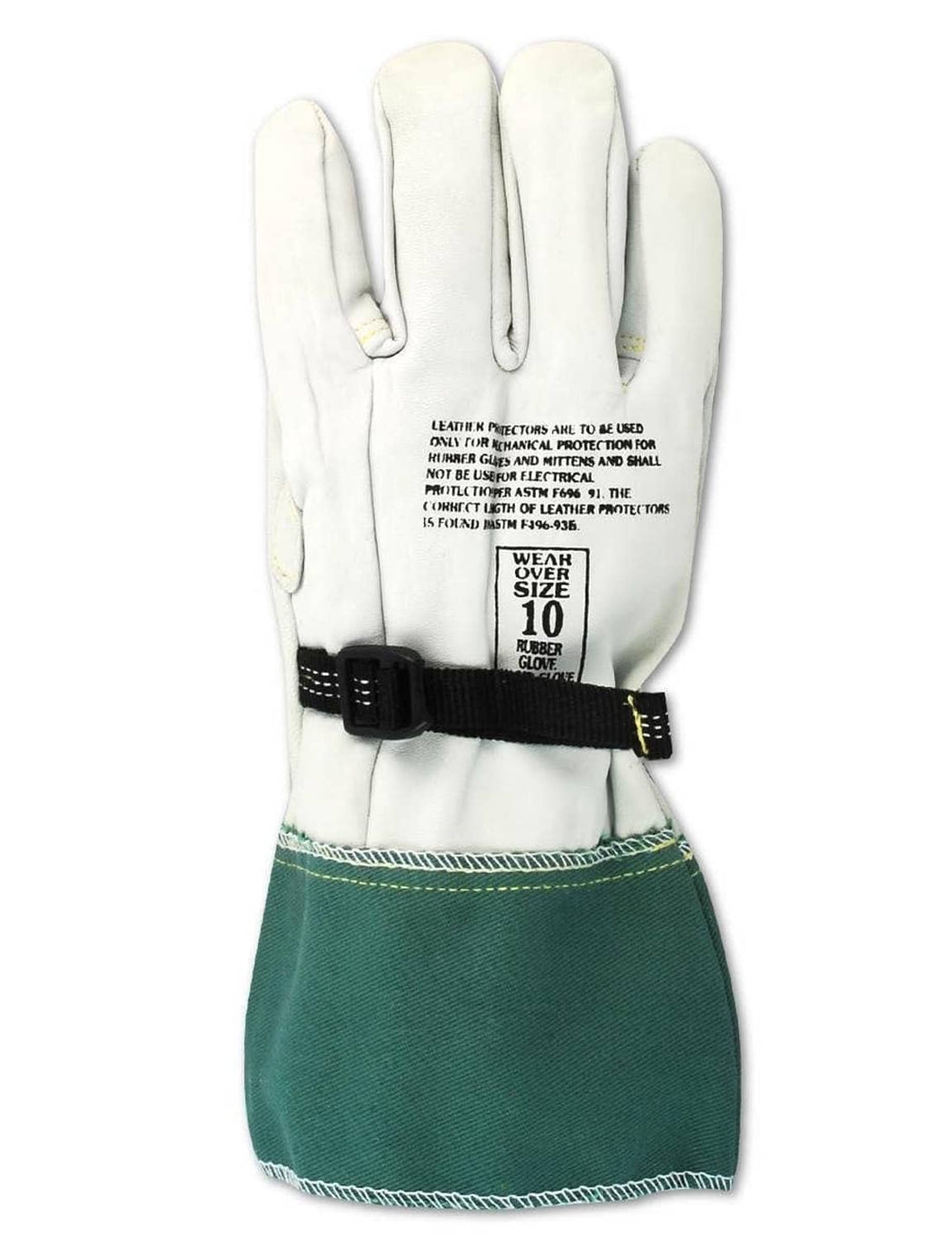 Leather electrical work gloves, white with green cuff, black adjustable wrist strap