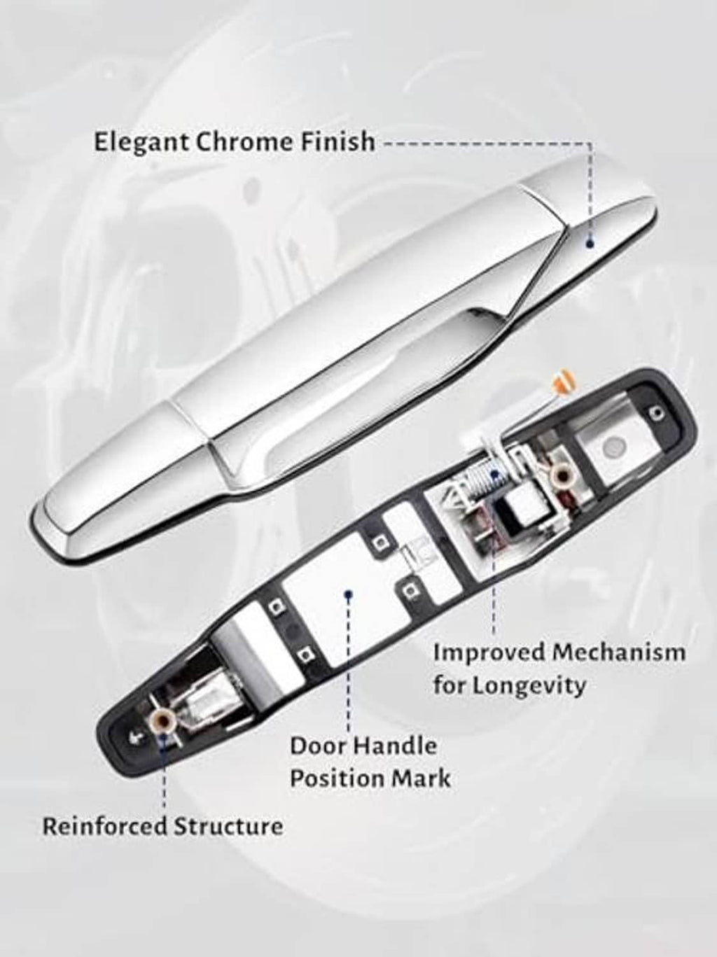 Chrome door handle with labeled mechanism and door handle position mark