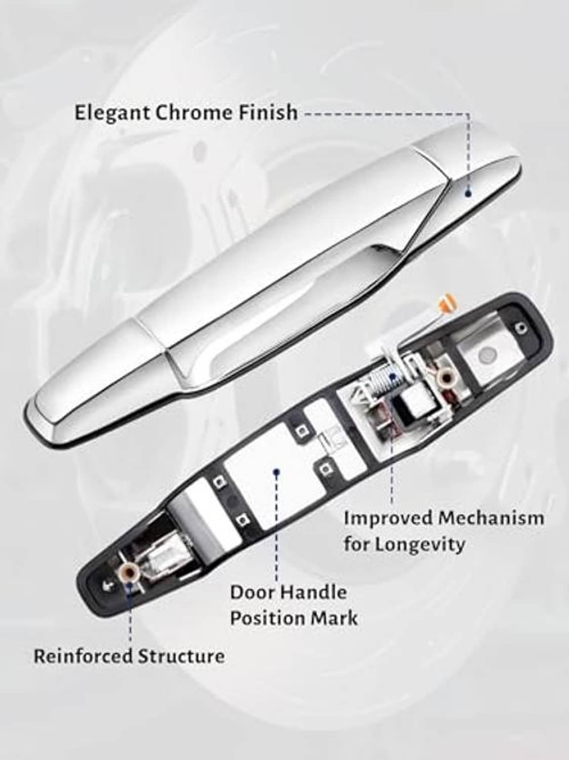 Chrome door handle with labeled mechanism and door handle position mark