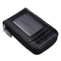 Black mini leather credit card case with clear ID window and zip closure