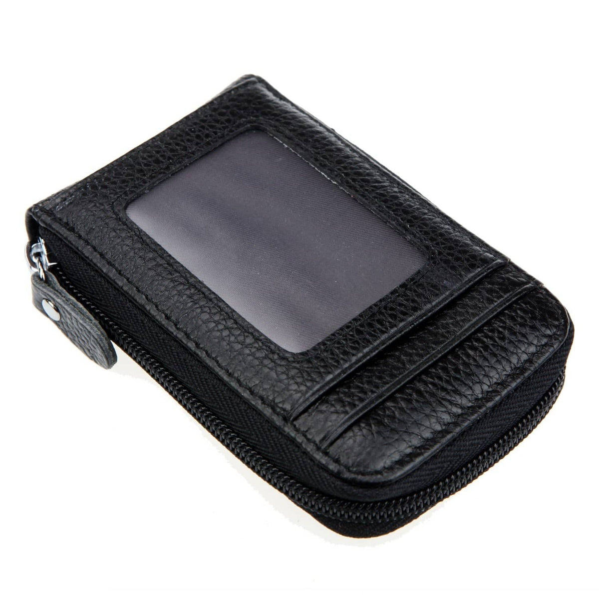 Black mini leather credit card case with clear ID window and zip closure