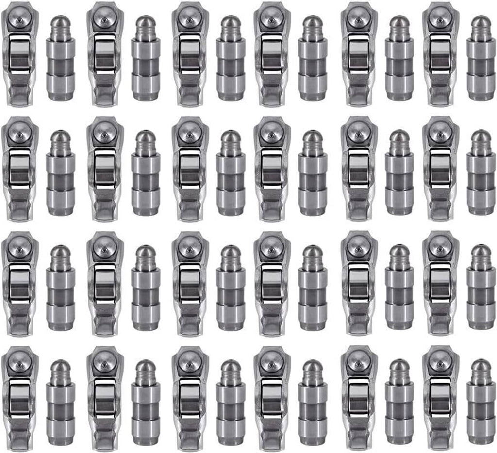 Set of rocker arms and valve lifters, multiple matching metal components arranged