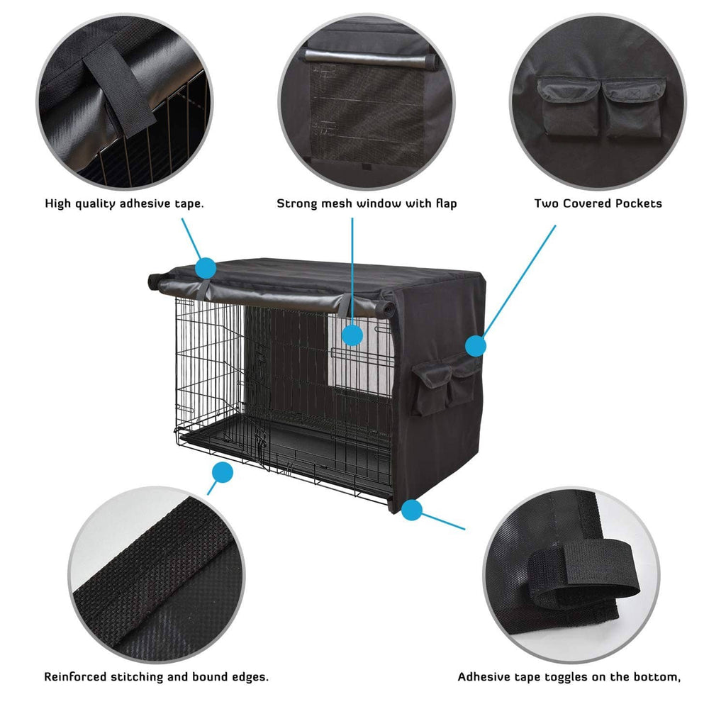 Dog crate cover features: mesh window flap, covered pockets, reinforced edges, adhesive tape