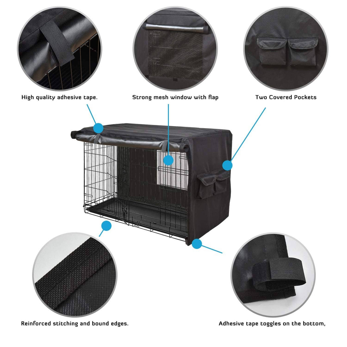 Dog crate cover features: mesh window flap, covered pockets, reinforced edges, adhesive tape