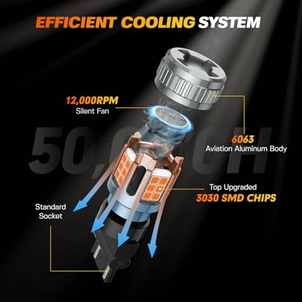 LED turn signal bulb with vented cooling fins and amber 3030 SMD chips