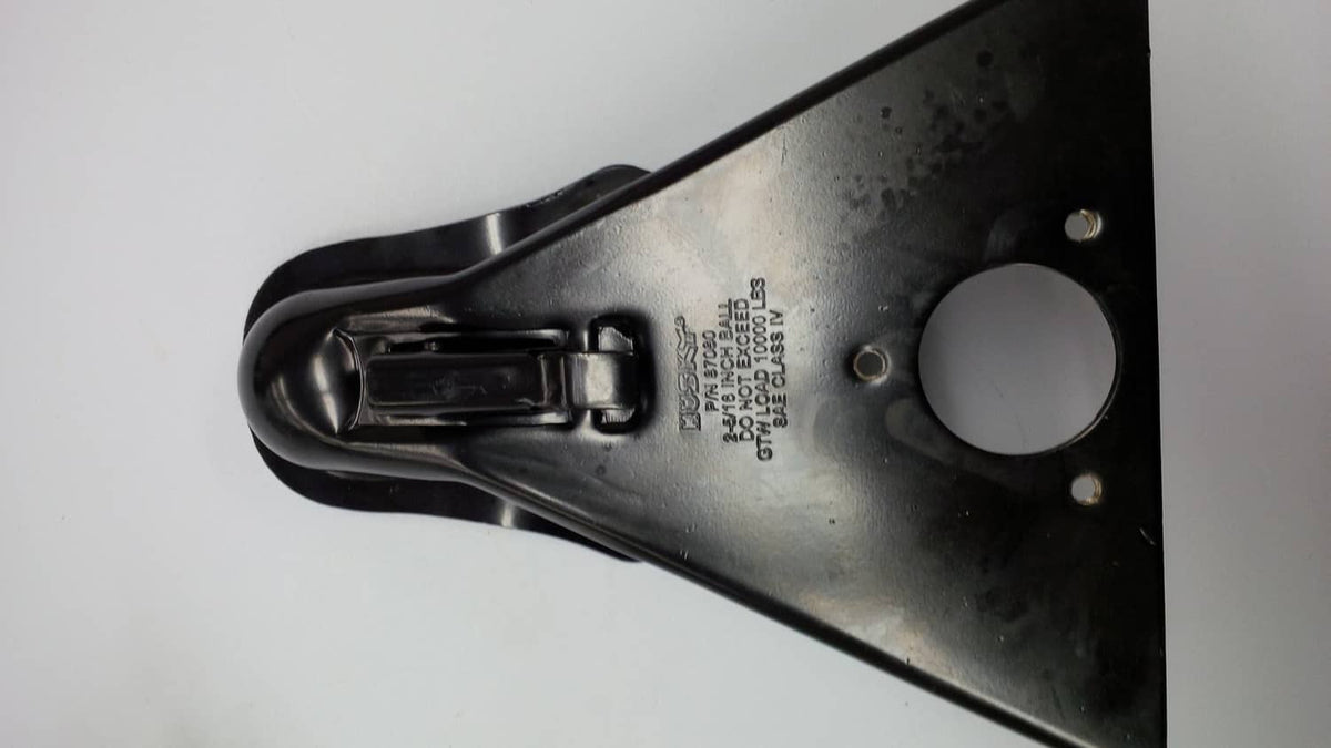 Black trailer coupler end with latch and two mounting holes on triangular bracket