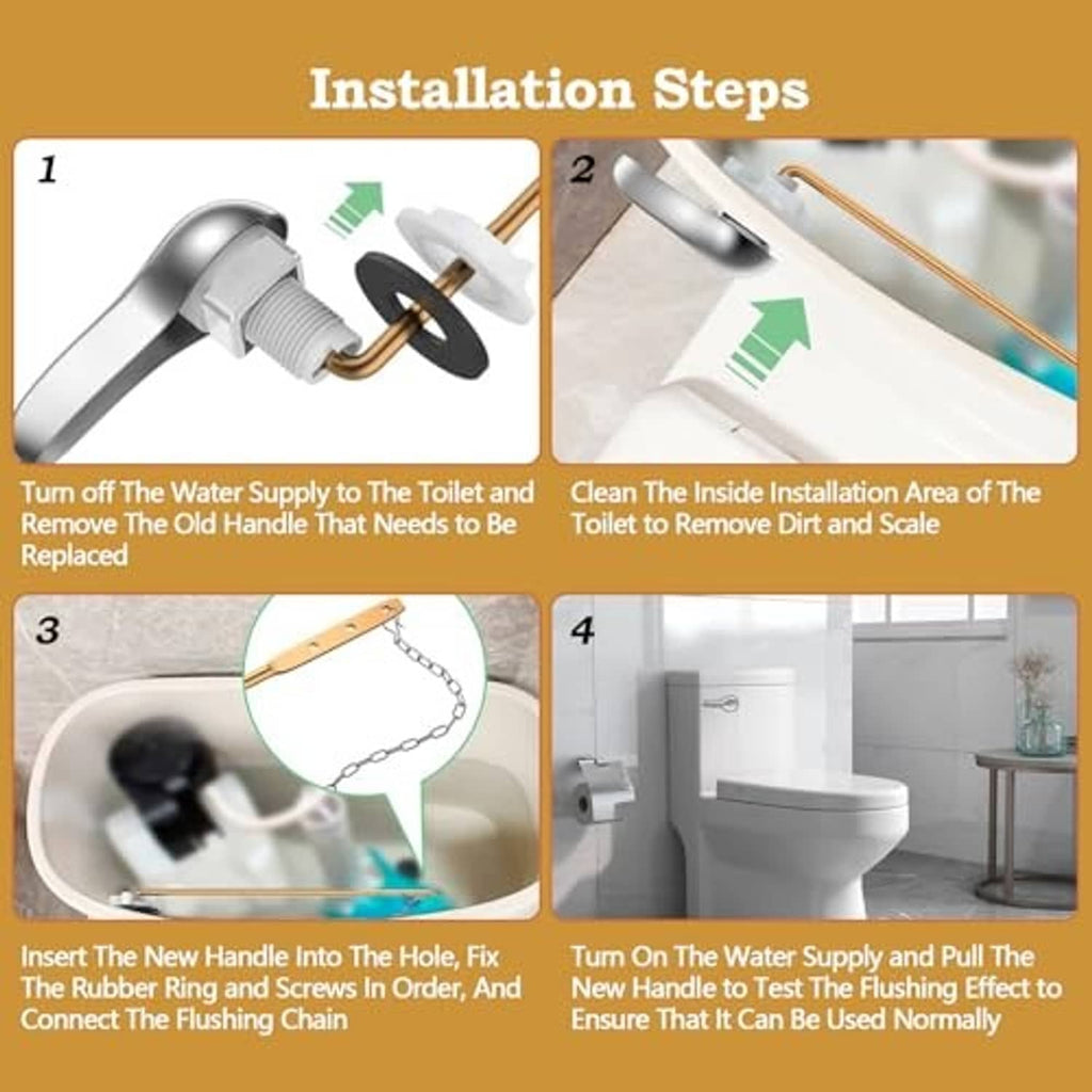 Toilet flush handle installation steps diagram with copper bar and rubber ring parts
