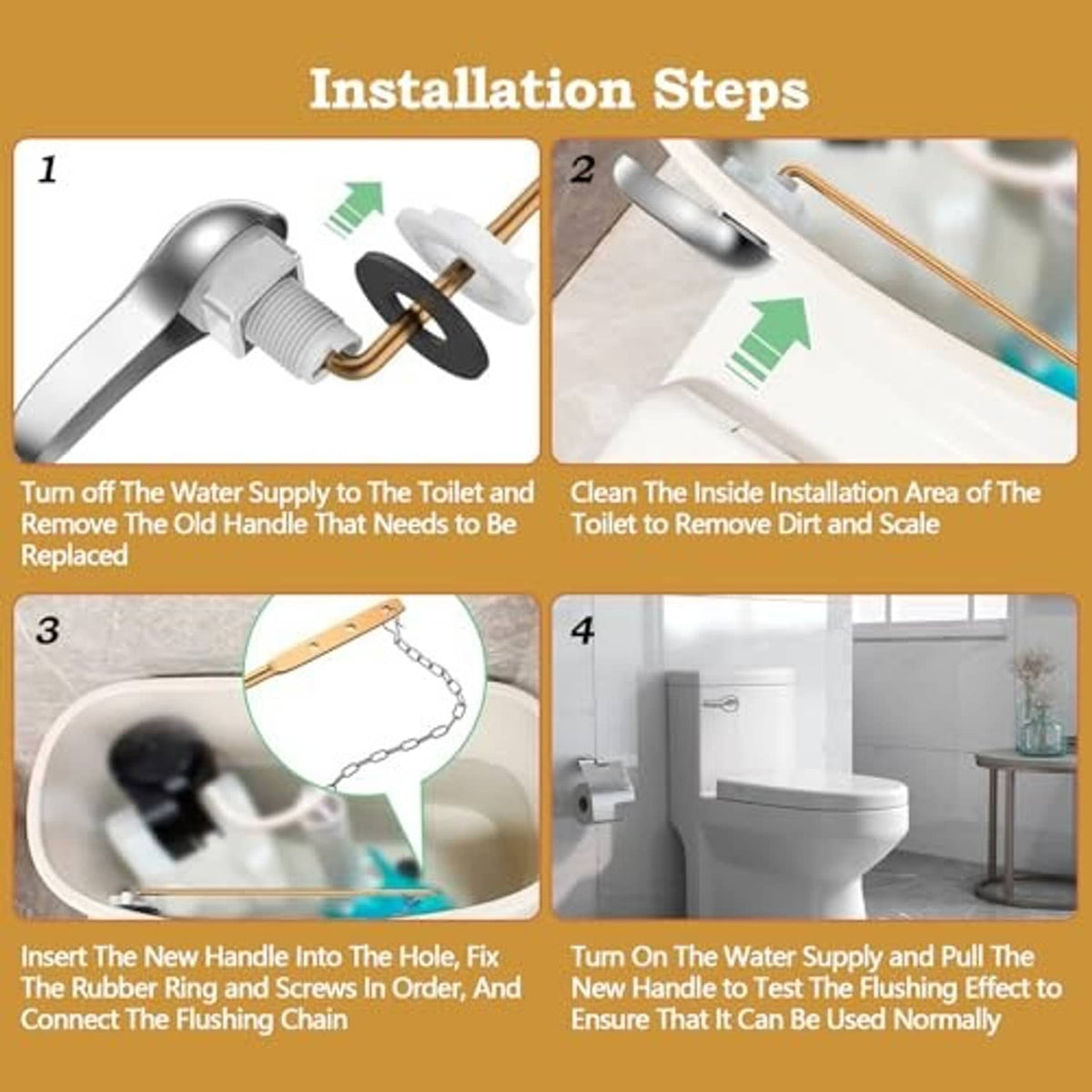 Toilet flush handle installation steps diagram with copper bar and rubber ring parts