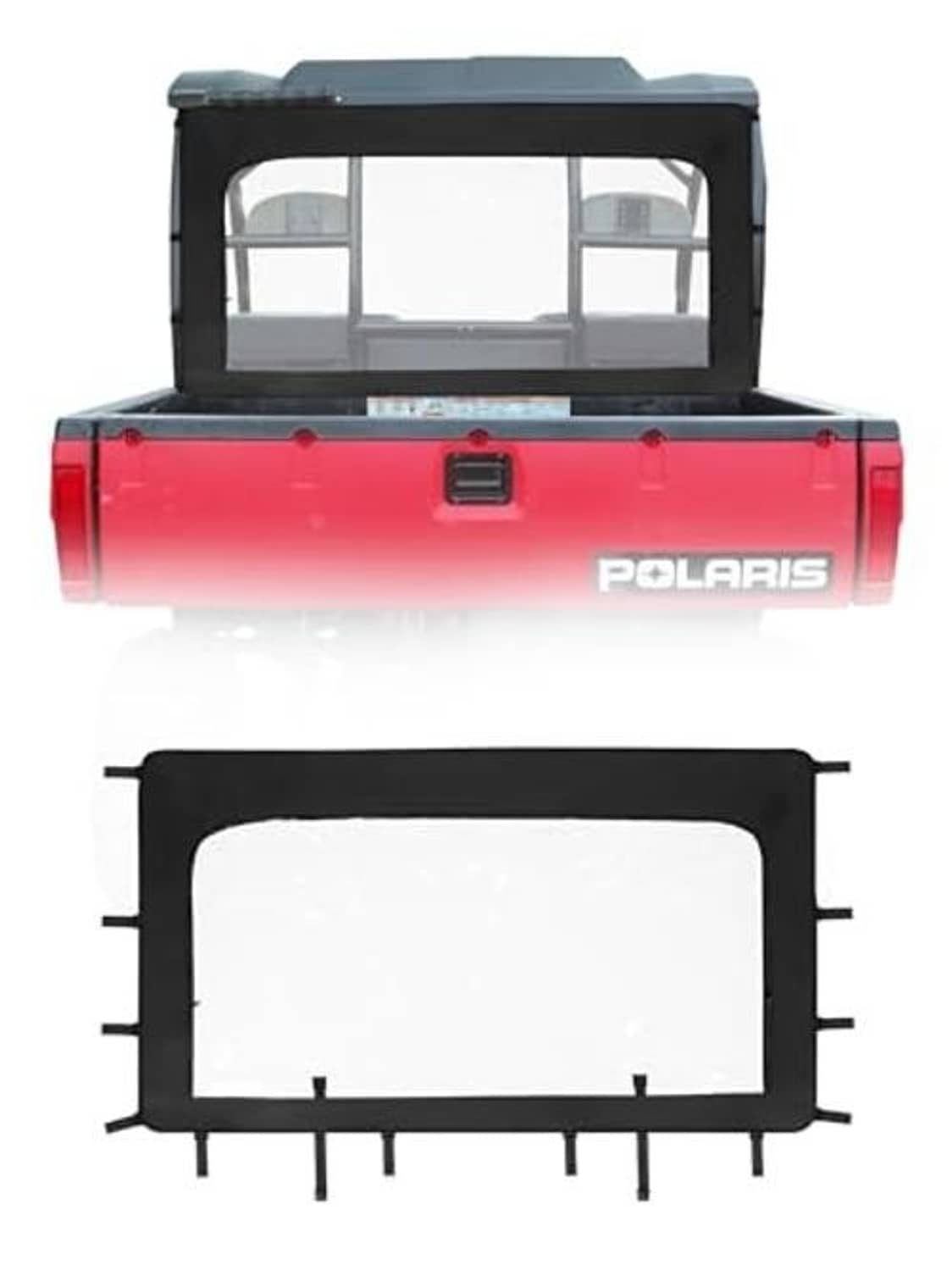 Red UTV rear view with black soft windshield and clear window panel