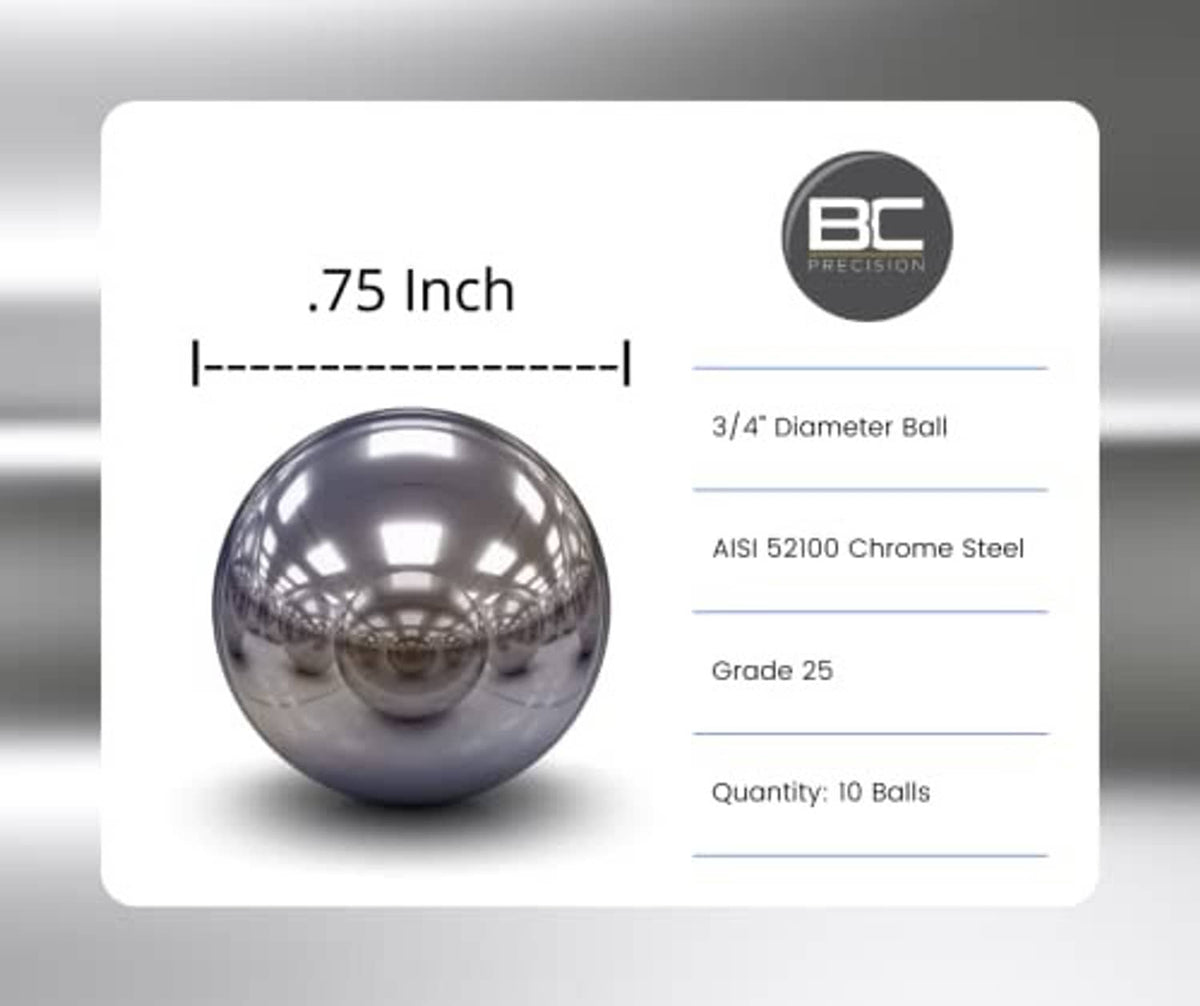 3/4 in chrome steel bearing ball, AISI 52100 Grade 25, pack of 10 on card