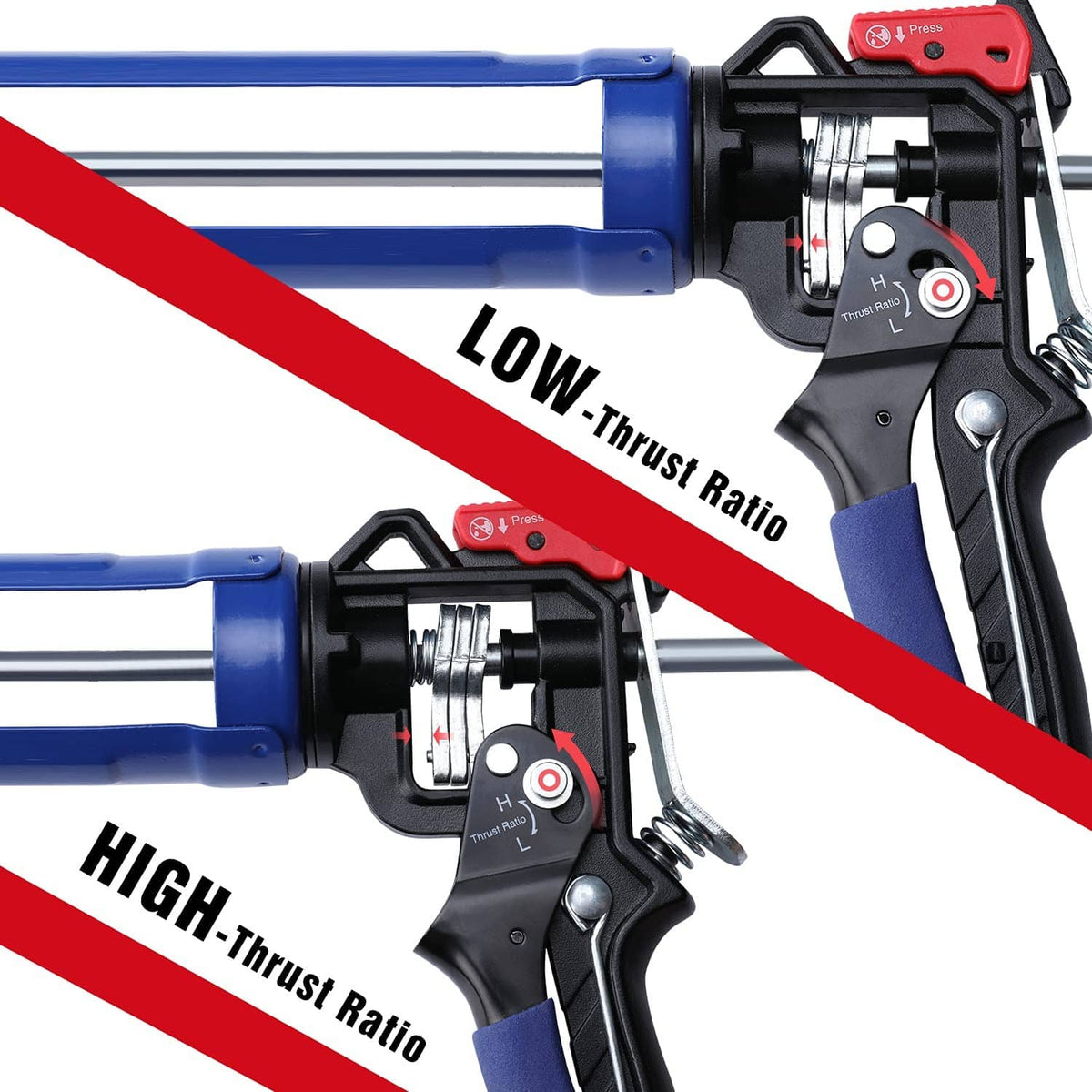 Caulking gun end view with thrust-ratio knob and metal feed rod