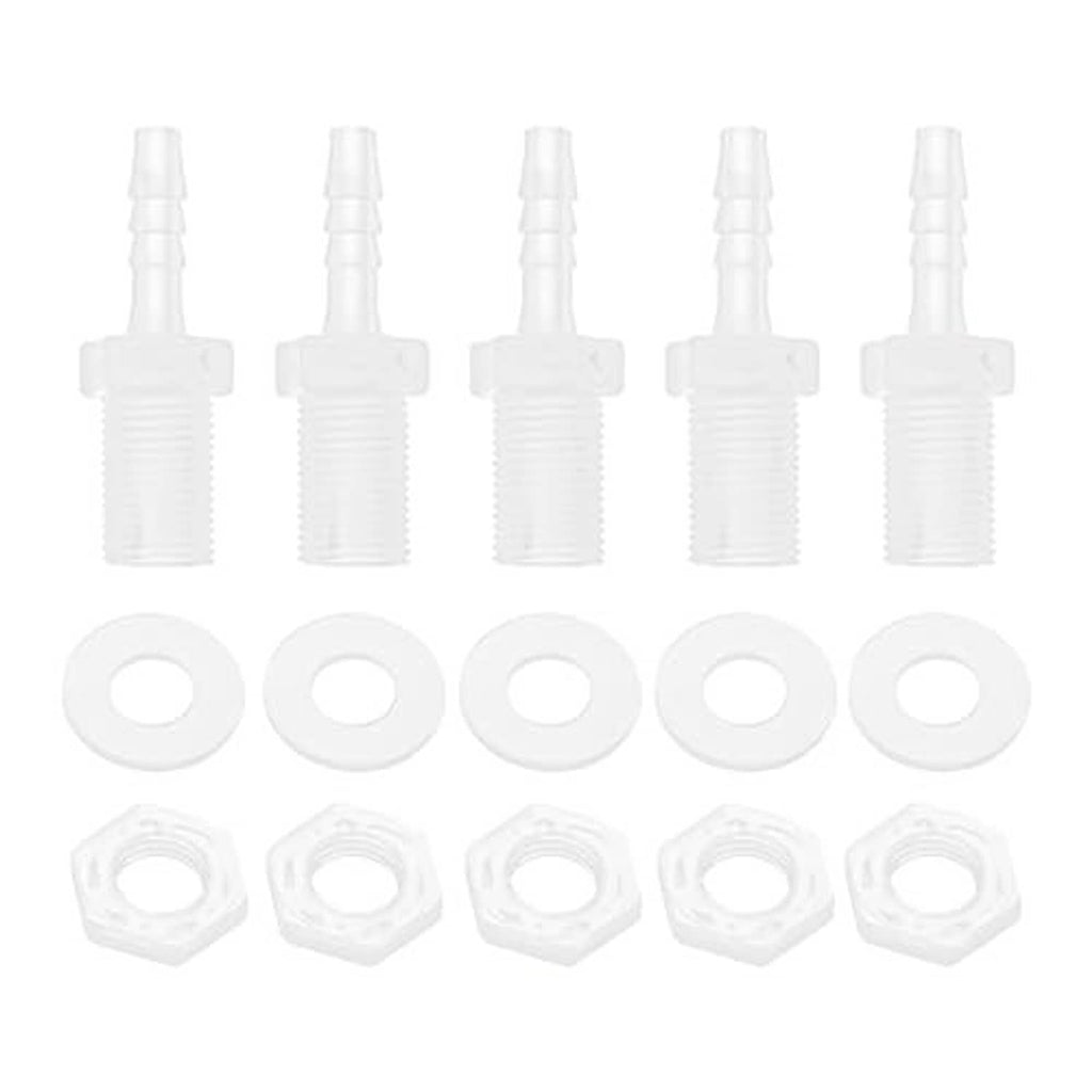 Clear plastic hose barb adapters with male threads, sealing rings, and hex nuts set