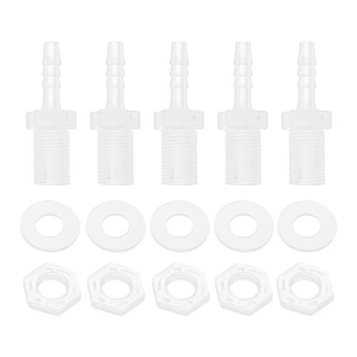 Clear plastic hose barb adapters with male threads, sealing rings, and hex nuts set