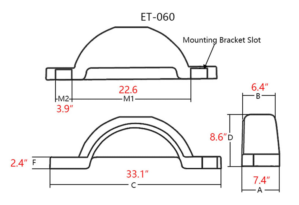 Technical dimension diagram of gray trailer fender with mounting bracket slot