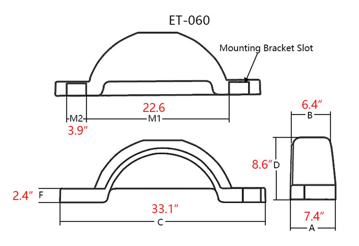Technical dimension diagram of gray trailer fender with mounting bracket slot