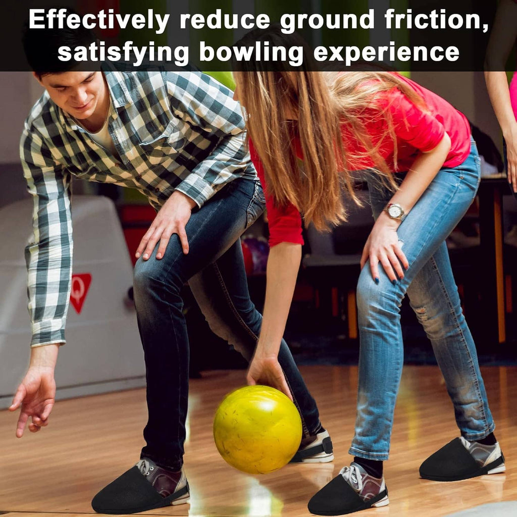 People wearing black bowling shoe slider sock covers on a bowling lane