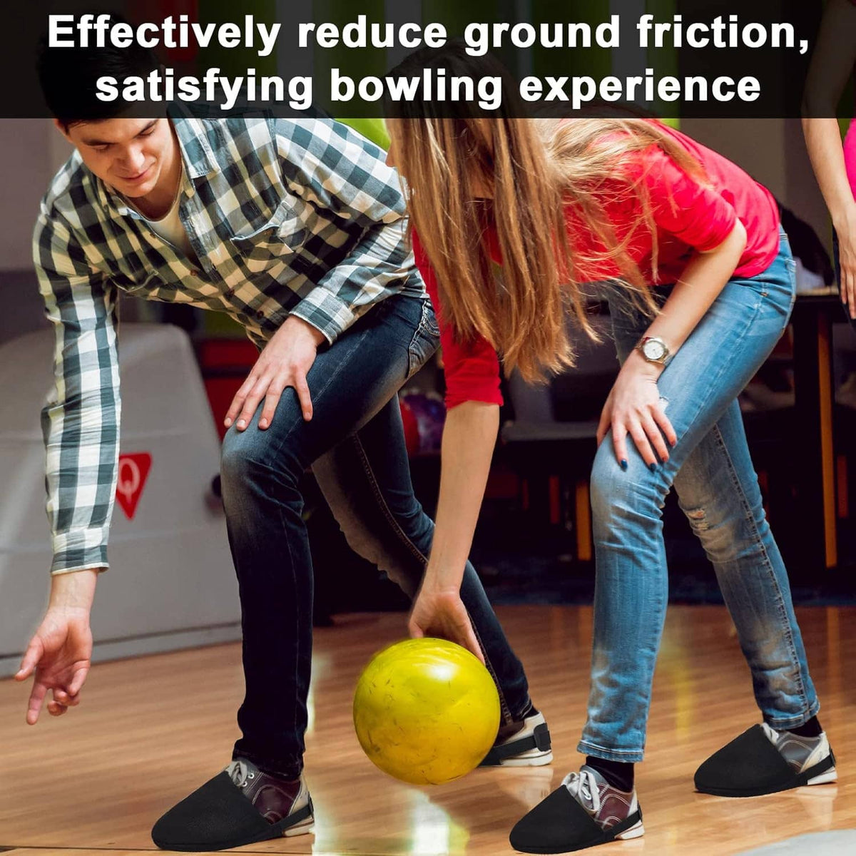 People wearing black bowling shoe slider sock covers on a bowling lane