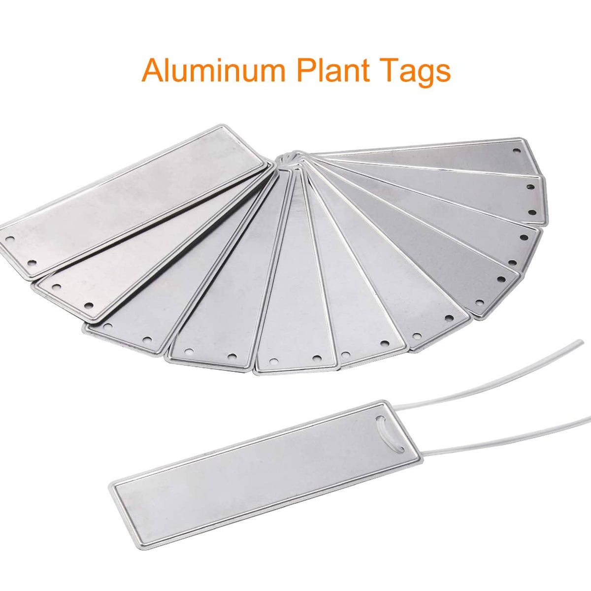Set of blank aluminum plant tags, fan-spread rectangular plates with corner hanging holes