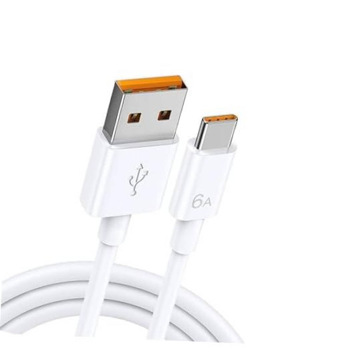 White USB-A to USB-C charging cable with orange USB-A face and 6A marking on USB-C plug