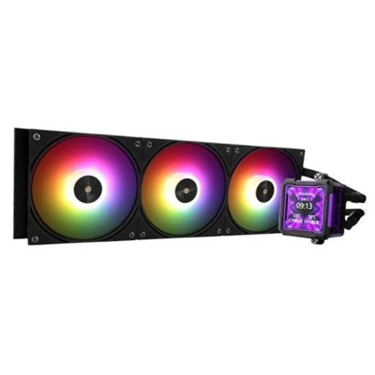 Black 360mm AIO liquid CPU cooler with three rainbow ARGB fans and small LCD pump