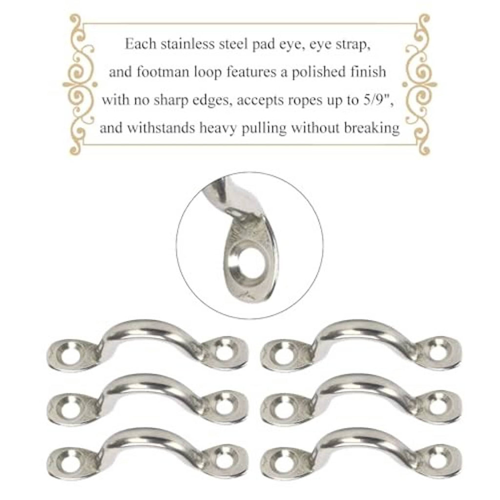 Set of stainless steel pad eyes with polished finish and mounting holes, silver