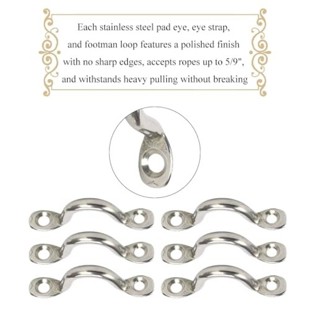 Set of stainless steel pad eyes with polished finish and mounting holes, silver