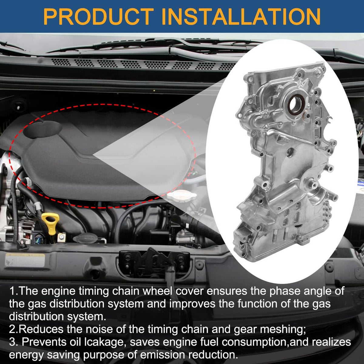 Silver timing chain cover assembly with round oil seal opening, shown inset