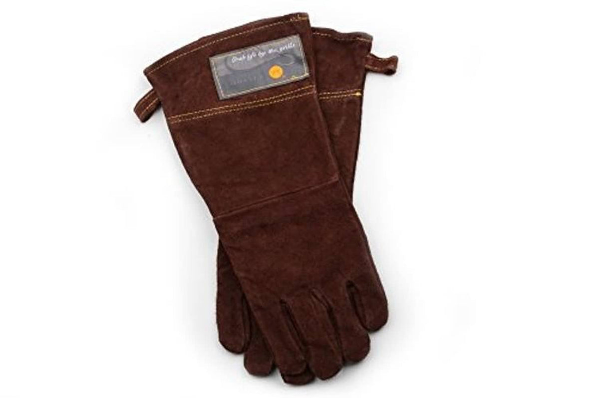 Brown leather grill glove with patch label and small wrist loop