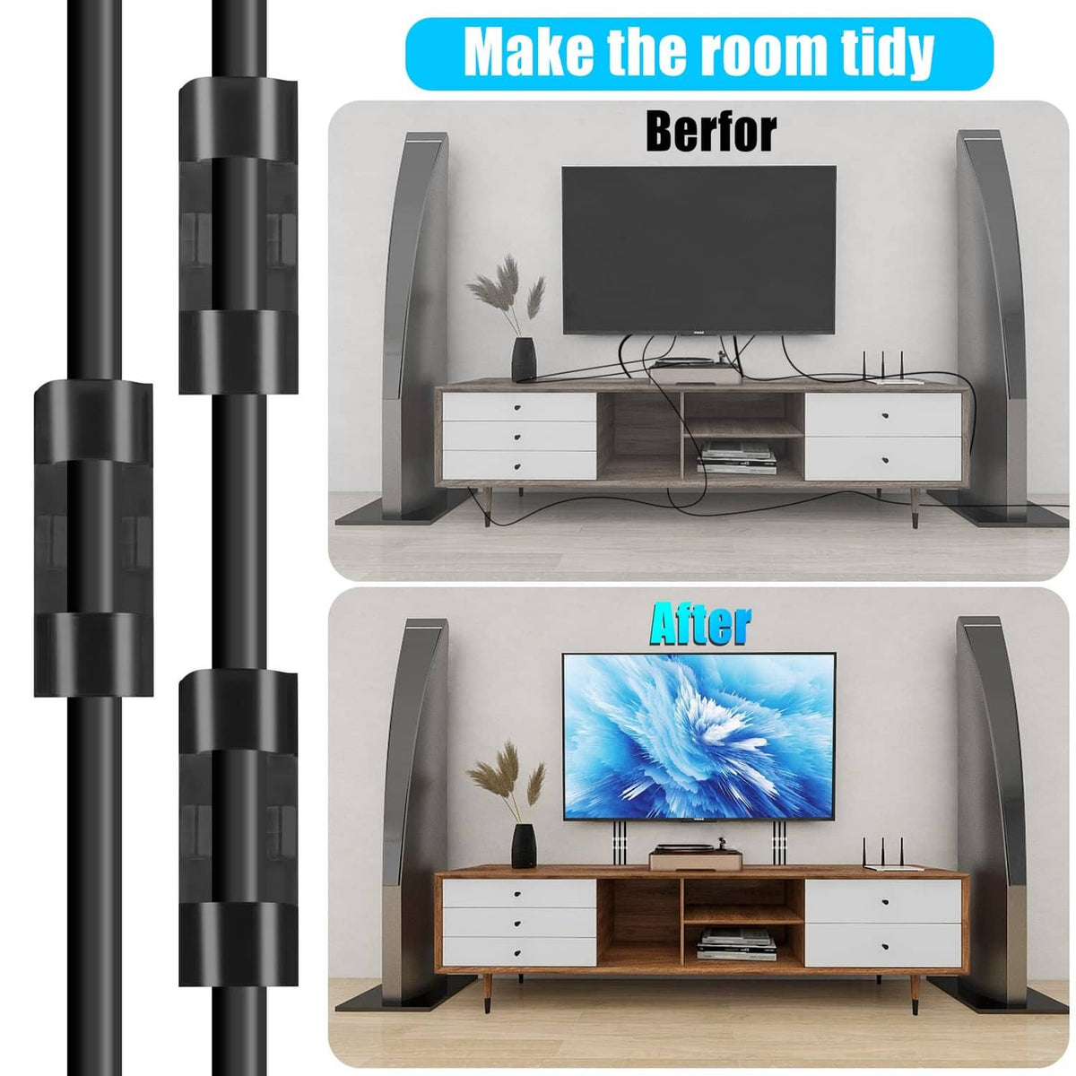 Black self-adhesive cable clip set for tidying room wires and cords