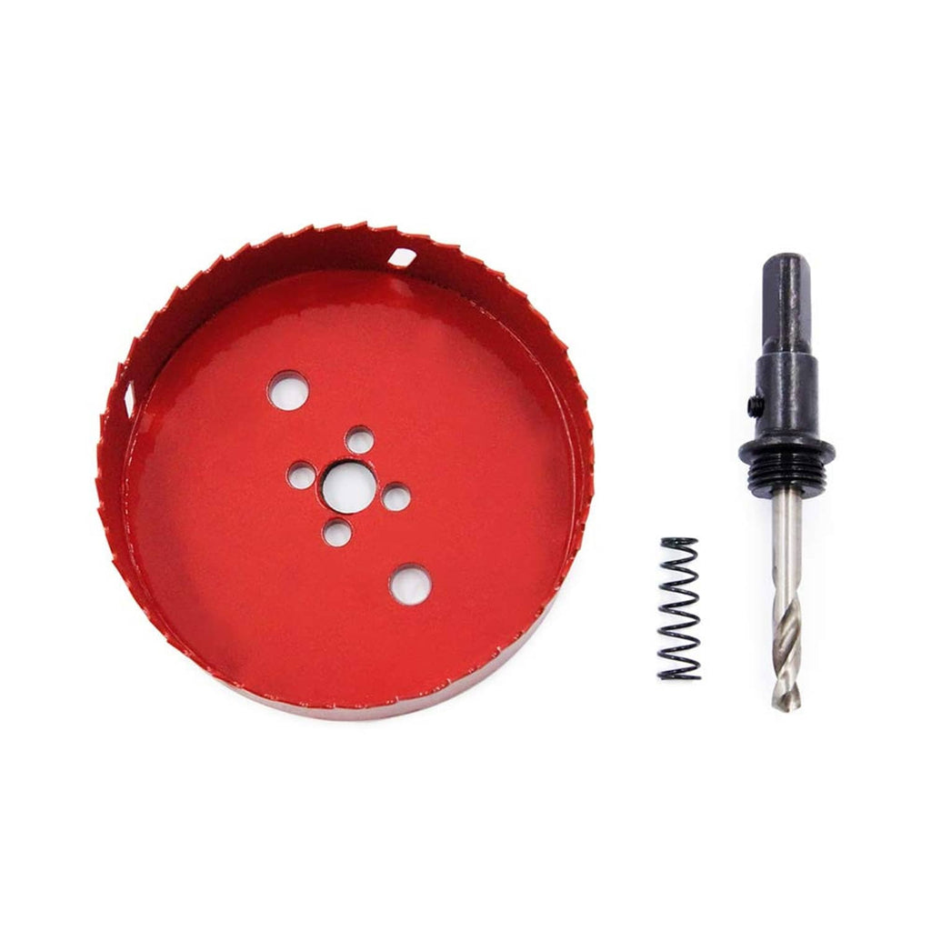Red hole saw blade with mounting holes plus arbor drill bit and spring retainer