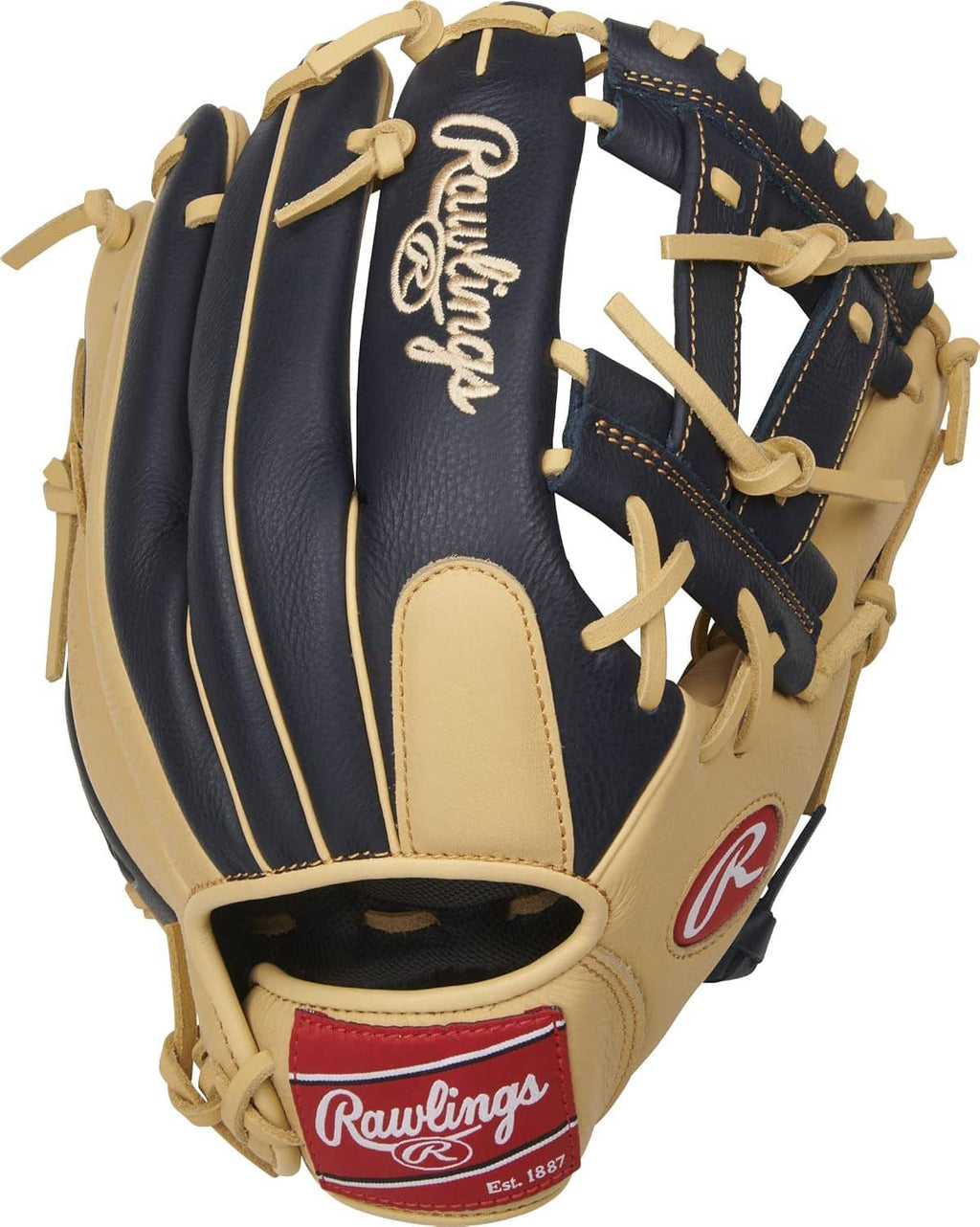 Youth baseball glove, navy and tan with Rawlings patch on inner pocket