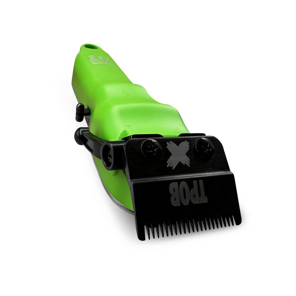 TPOB hair clipper with green body and black blade attachment for trimming