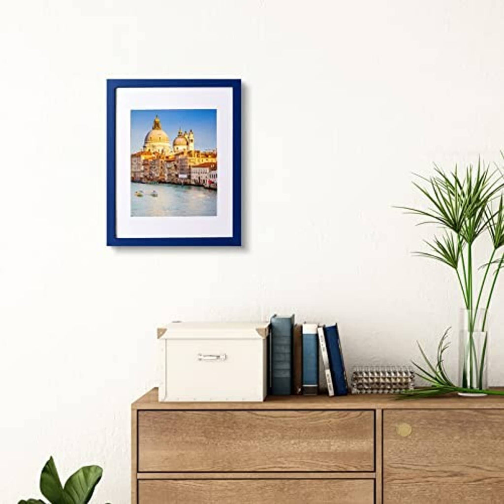 Dark blue solid wood 11x14 picture frame, white mat with landscape photo