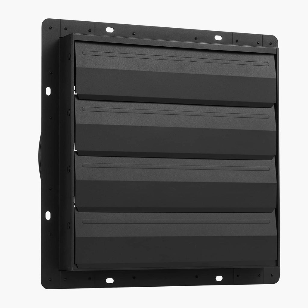 Wall-mounted shutter exhaust fan with four louver shutters, black.