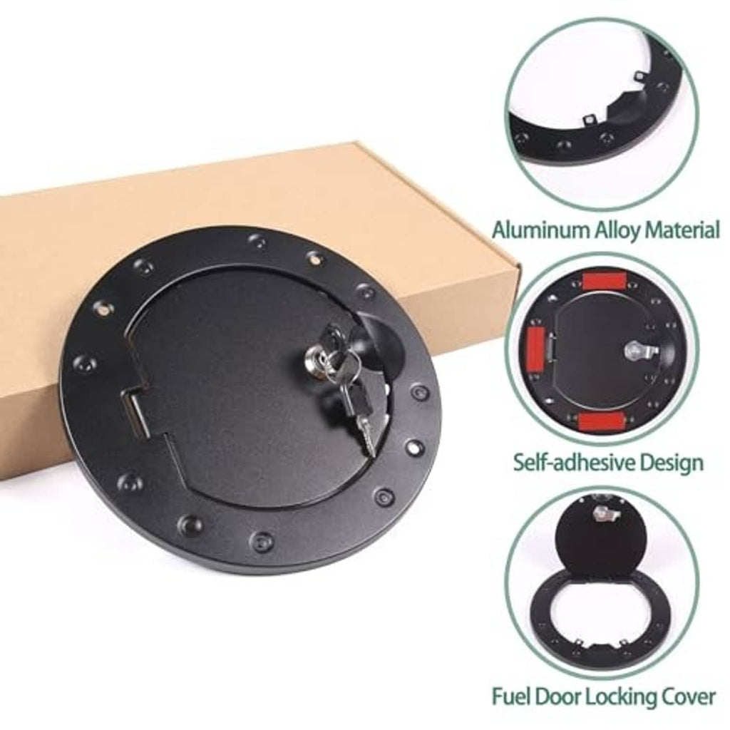 Black aluminum locking fuel door cover with key cylinder, shown in packaging