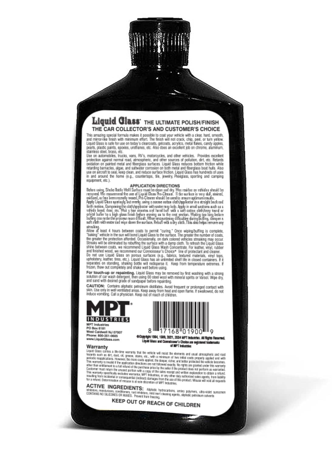 Liquid Glass auto polish bottle with back panel for directions and ingredients.