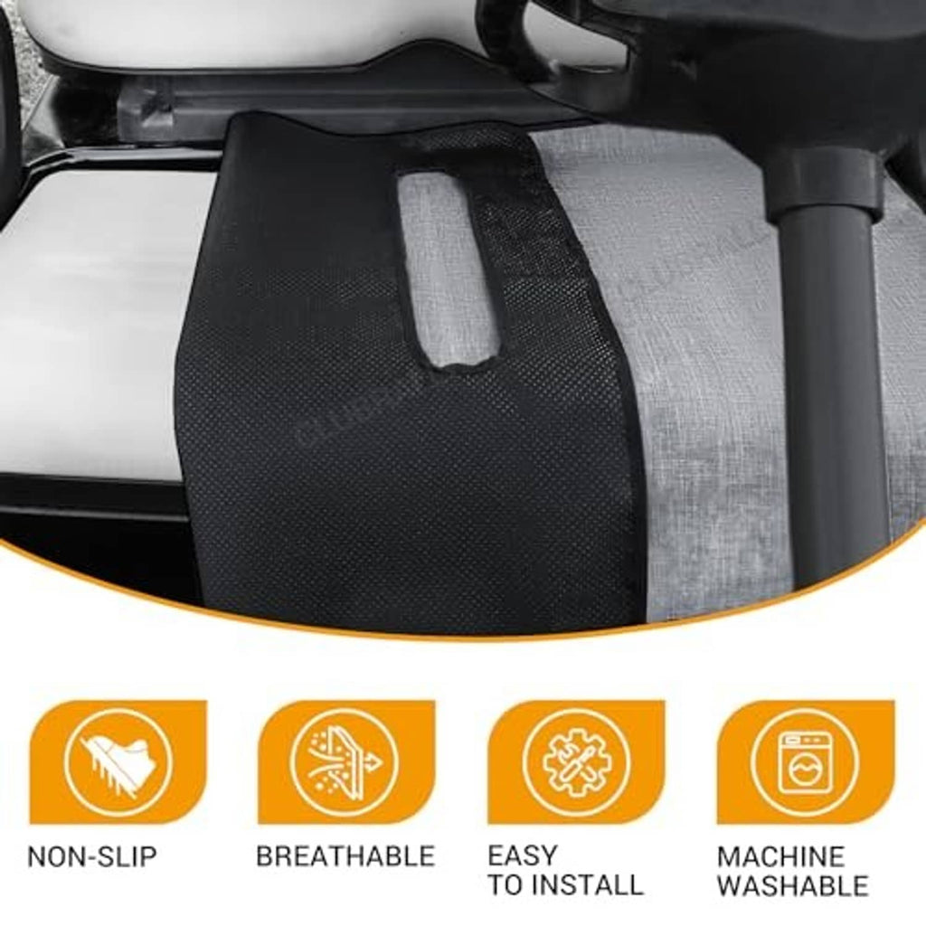 Black non-slip grip panel on seat cover blanket, with center cutout strap slot