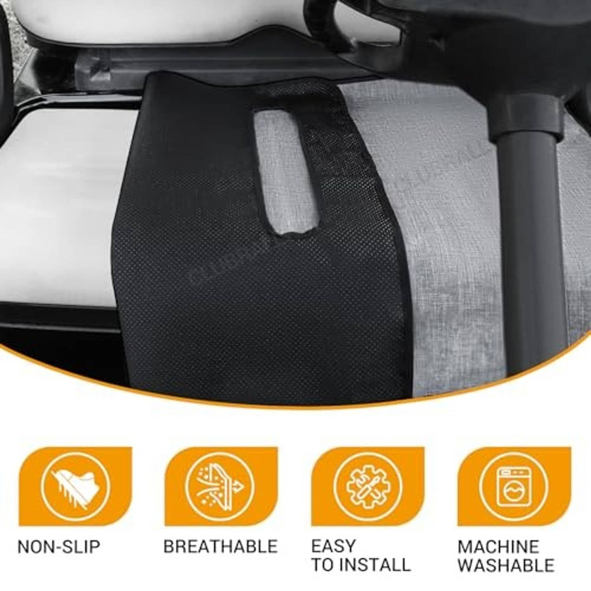 Black non-slip grip panel on seat cover blanket, with center cutout strap slot
