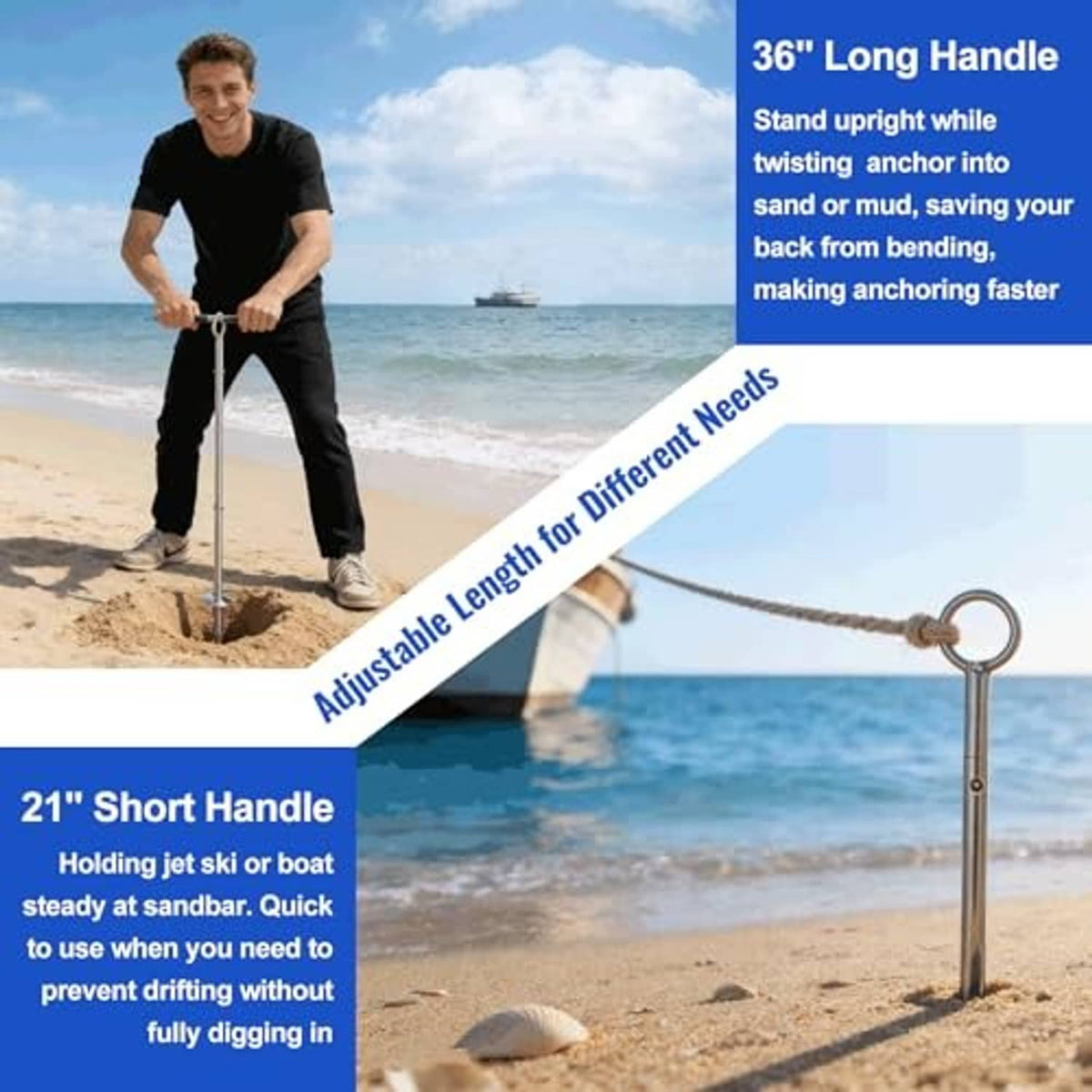 Stainless sand anchor being twisted into sand with rope attached