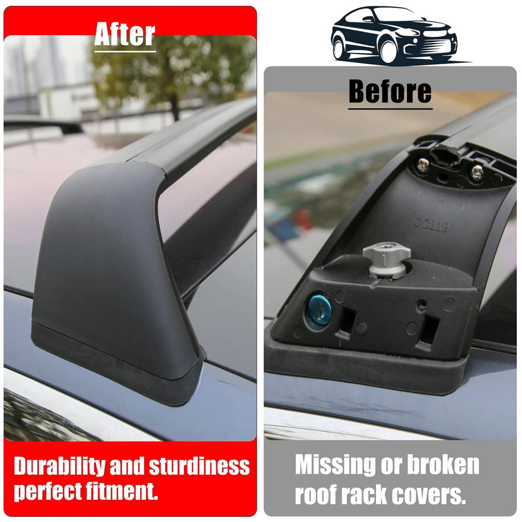 Black roof rack cover end shell on car roof rail, curved protective cap