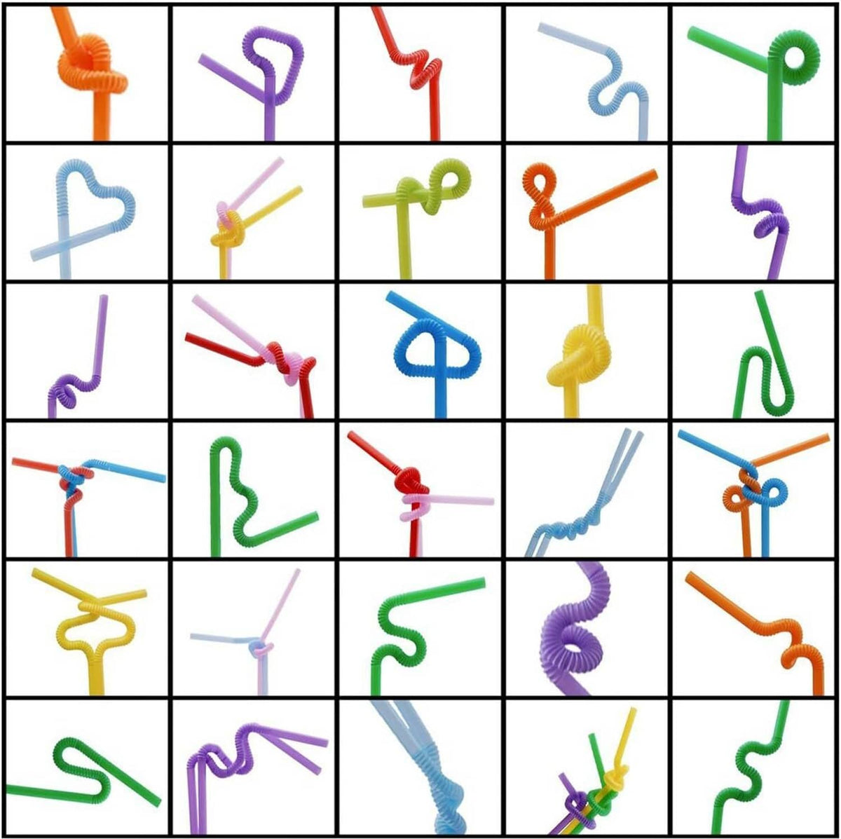 Assorted colored curly drinking straws in a grid, including green, purple, orange