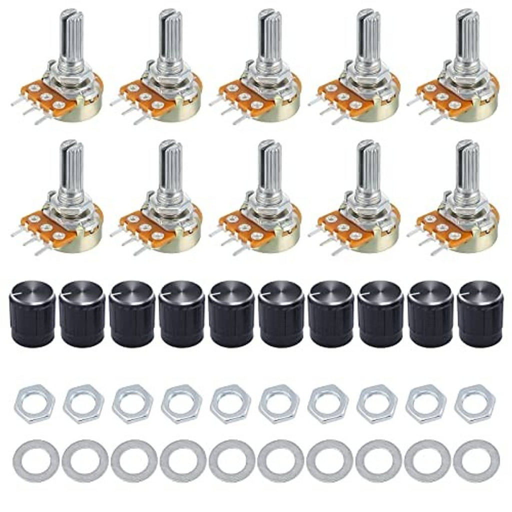 Rotary potentiometer set with 10 board-mounted pots, black knobs, nuts, and washers