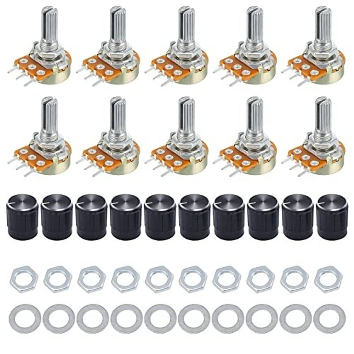 Rotary potentiometer set with 10 board-mounted pots, black knobs, nuts, and washers