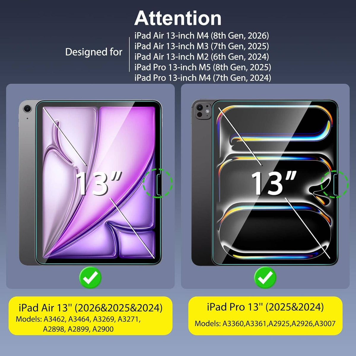 Tempered glass iPad screen protector for 13-inch models, front and back fit