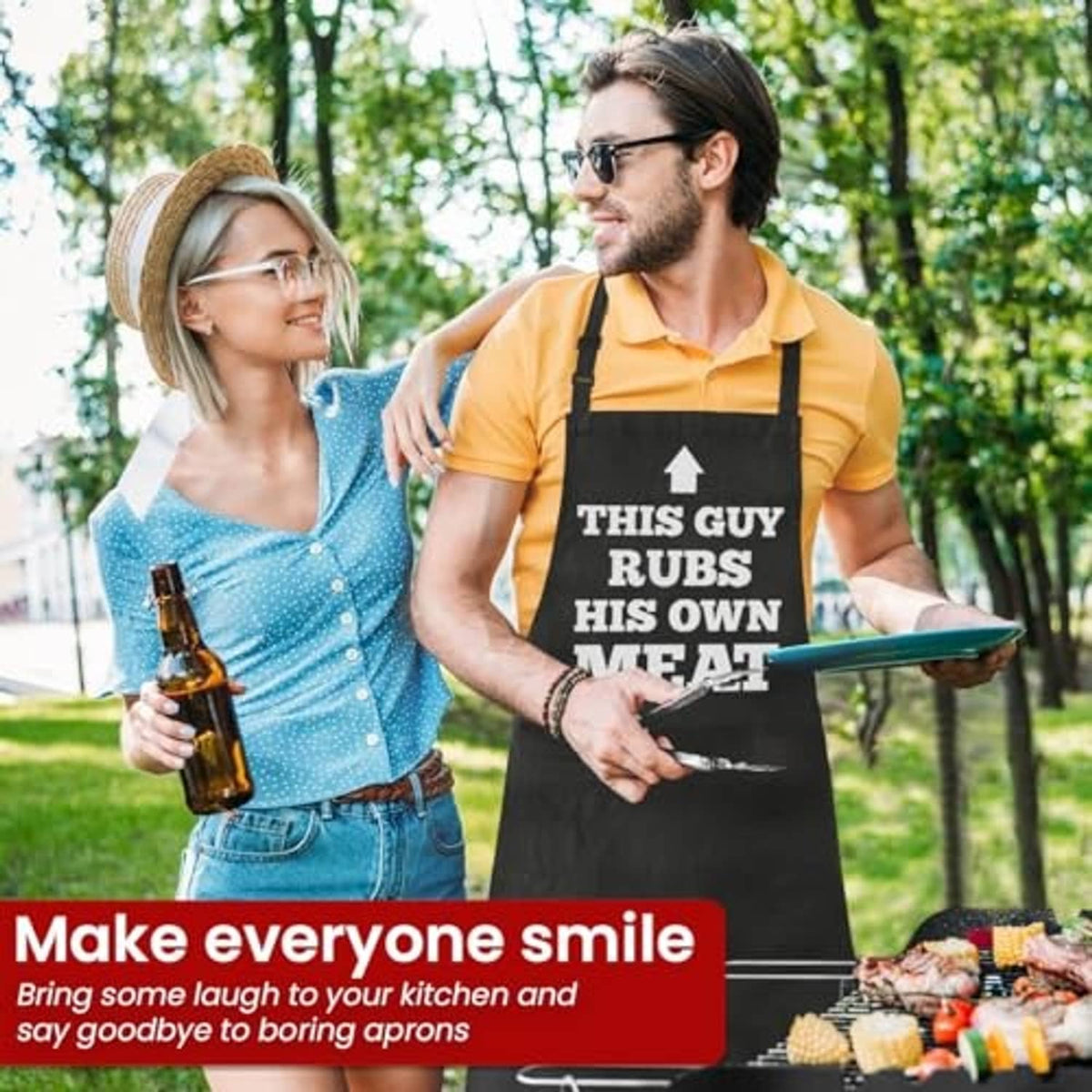 Black grilling apron with 'THIS GUY RUBS HIS OWN MEAT' print and tool graphic
