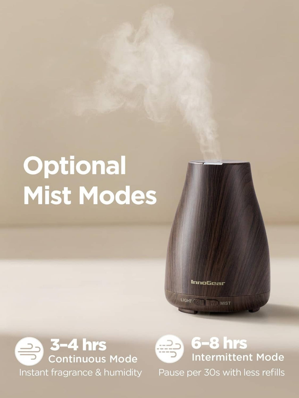 Brown ultrasonic essential oil diffuser releasing a visible mist cloud from the top