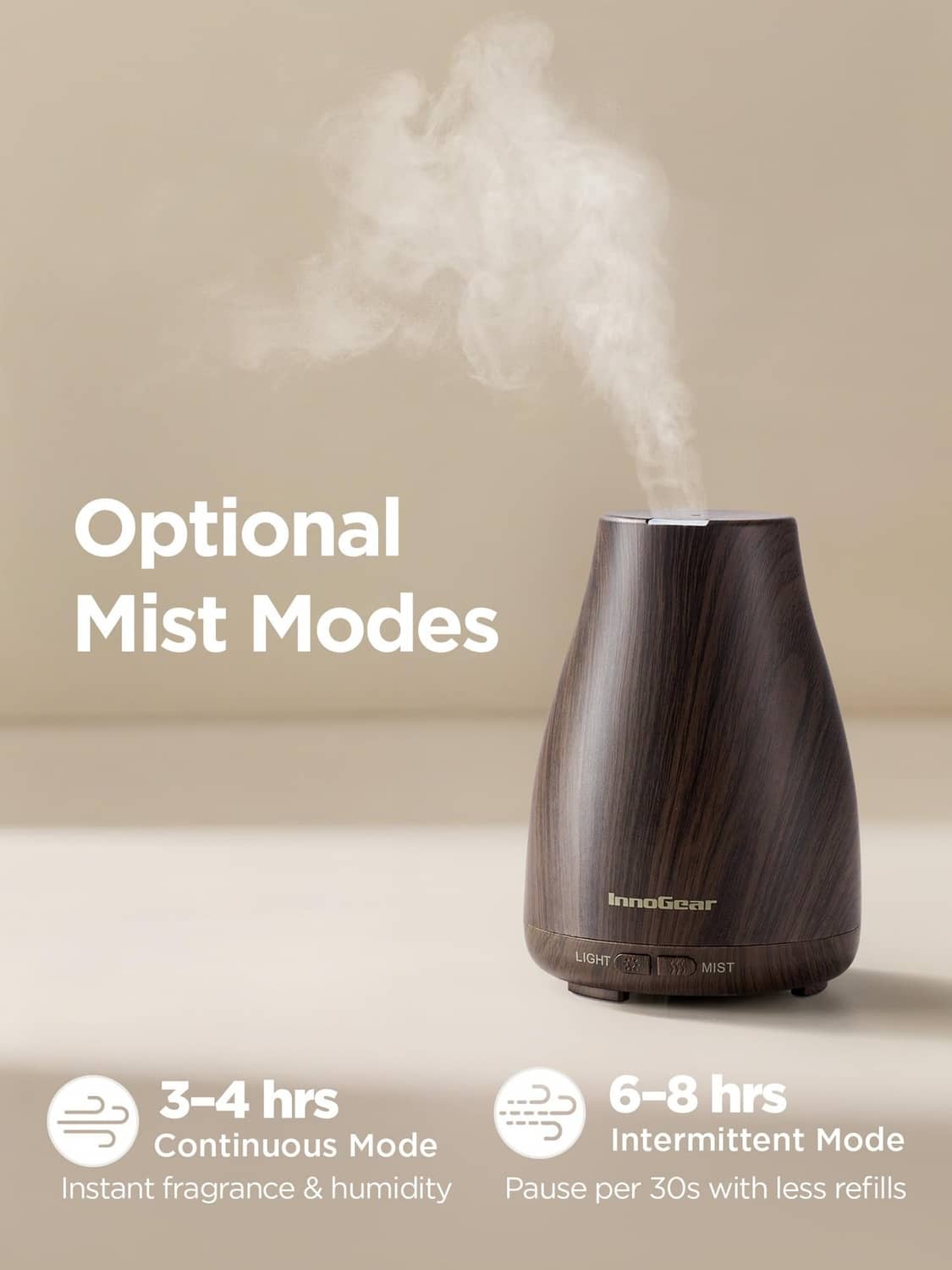 Brown ultrasonic essential oil diffuser releasing a visible mist cloud from the top
