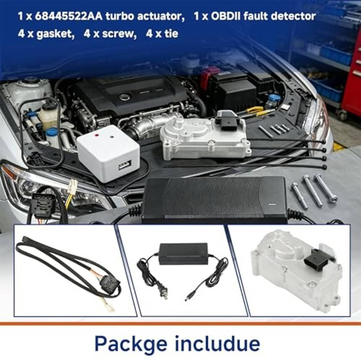 Turbocharger actuator kit package contents with silver actuator, black controller, and wiring