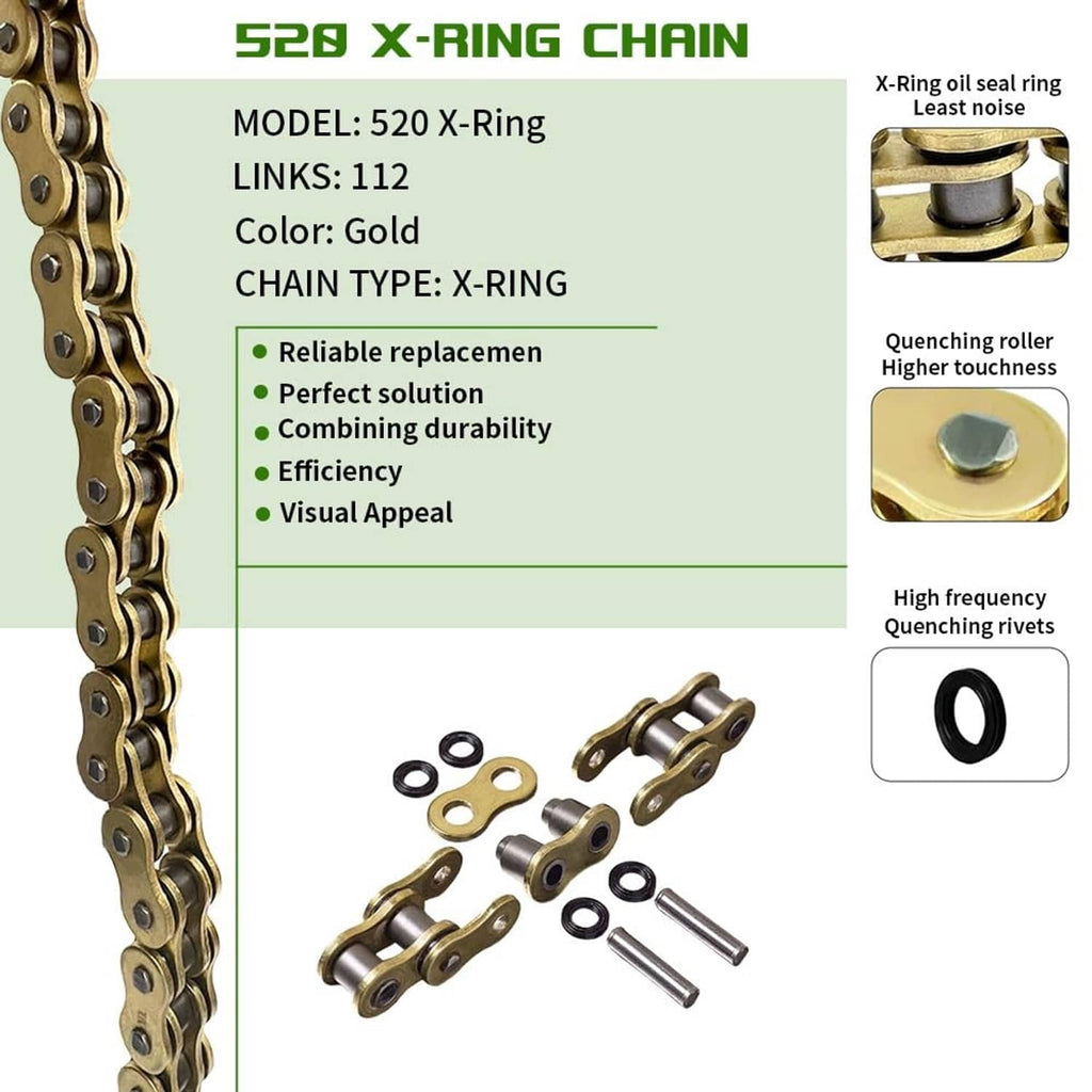 Gold X-ring chain with black sealing O-rings and quenching rivets details