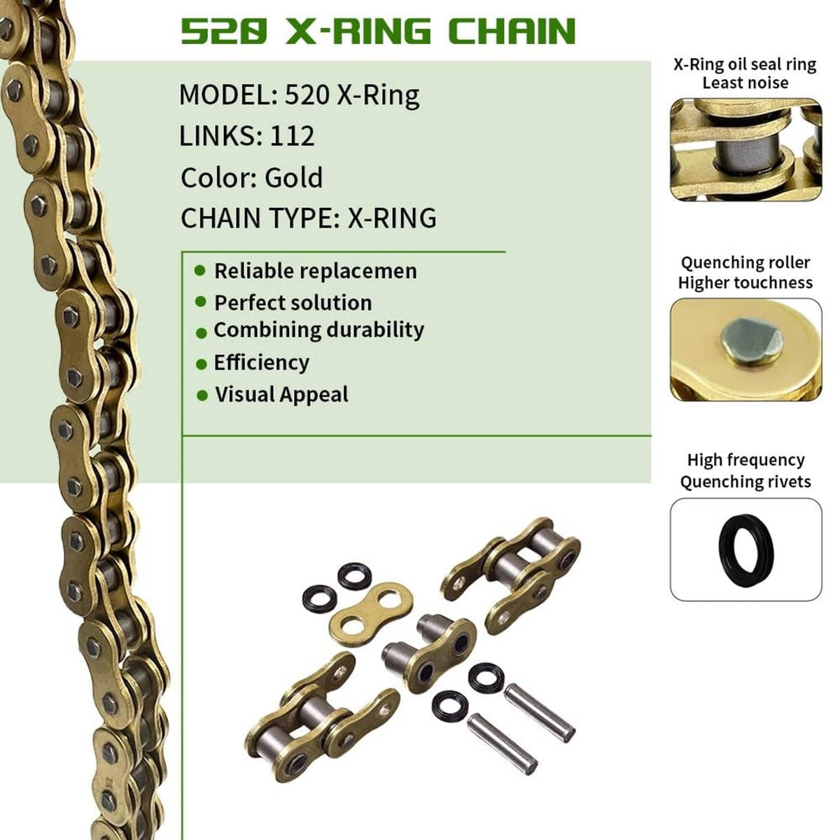 Gold X-ring chain with black sealing O-rings and quenching rivets details